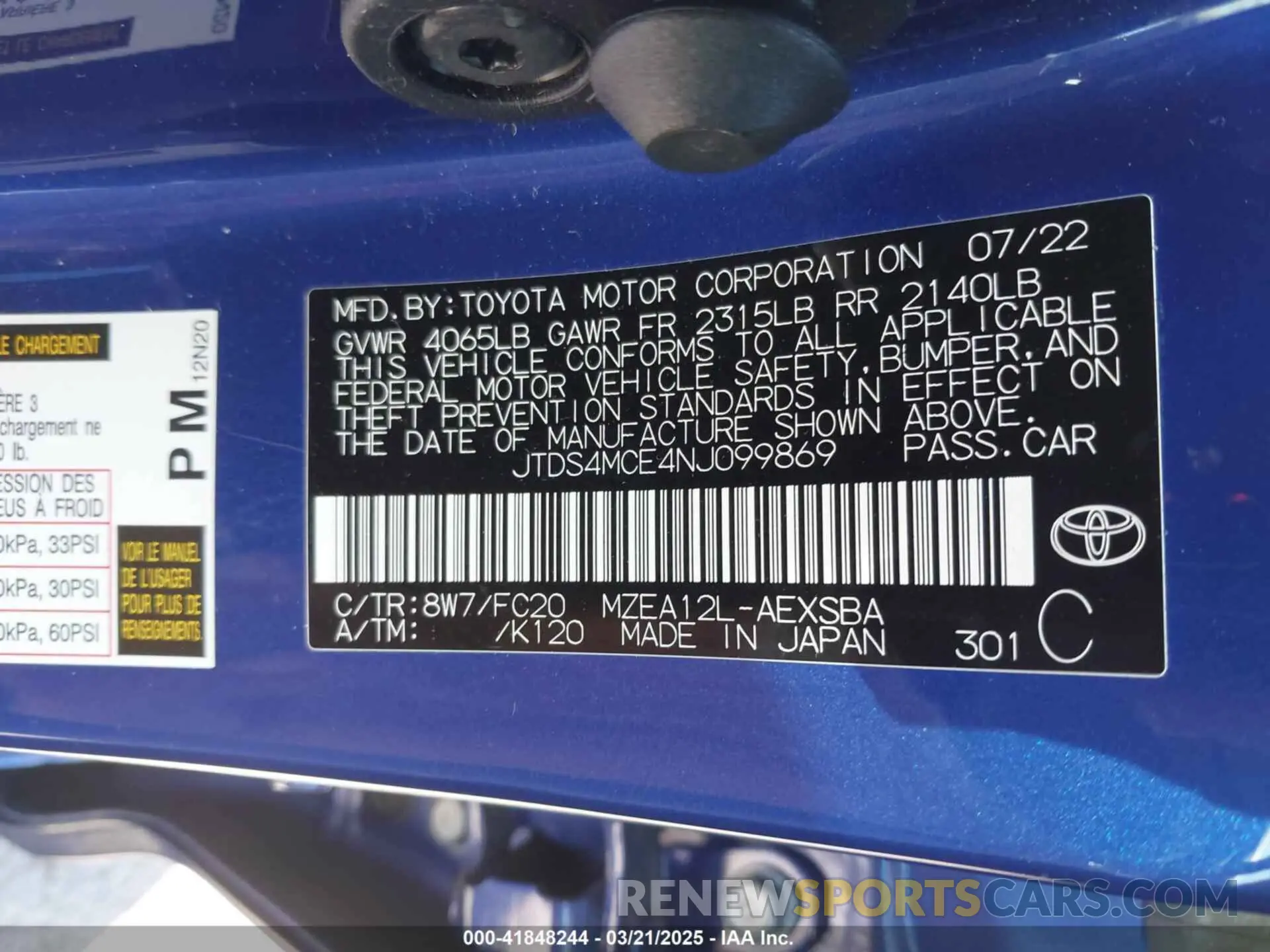 9 Photograph of a damaged car JTDS4MCE4NJ099869 TOYOTA COROLLA 2022