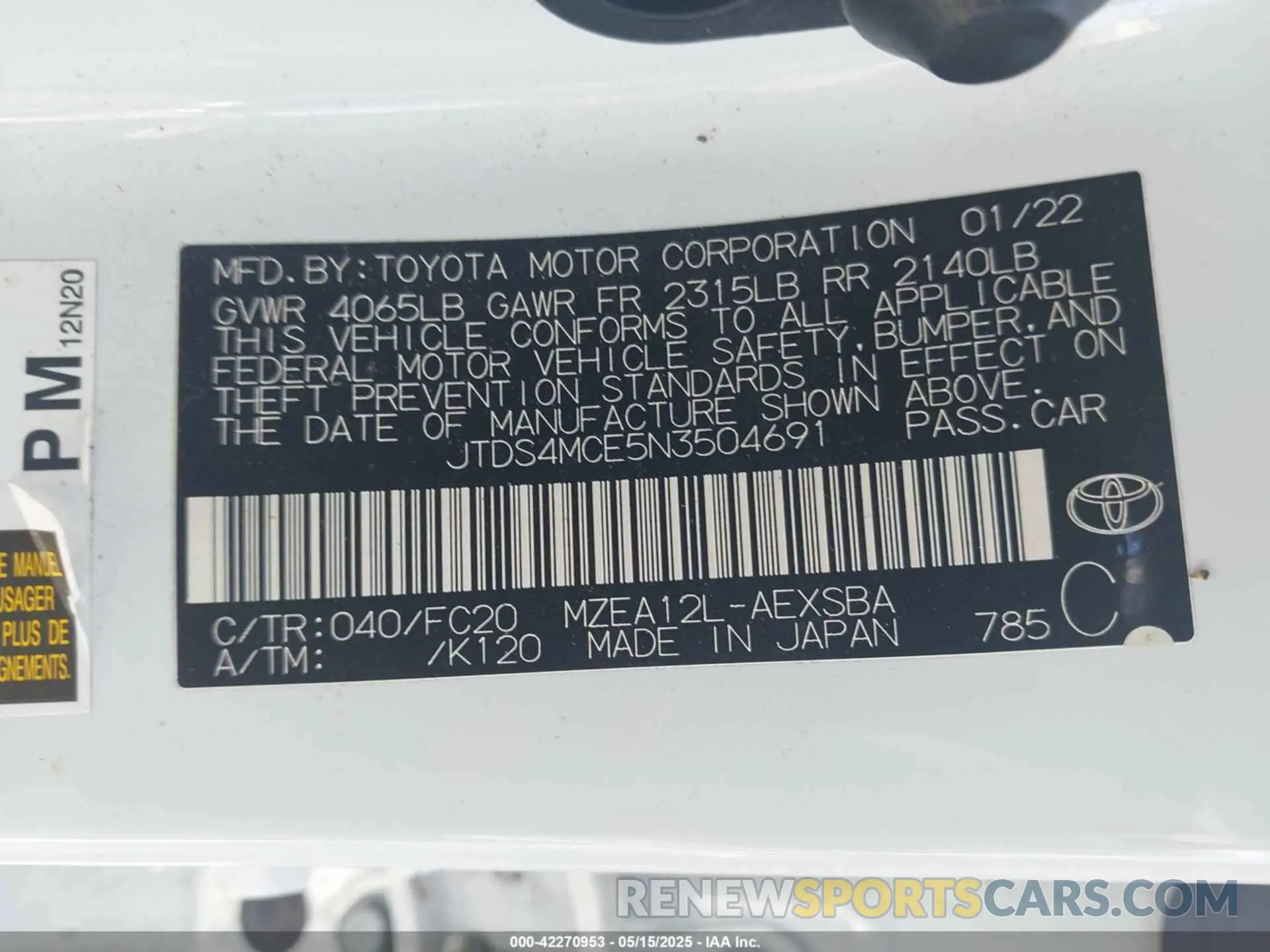 9 Photograph of a damaged car JTDS4MCE5N3504691 TOYOTA COROLLA 2022