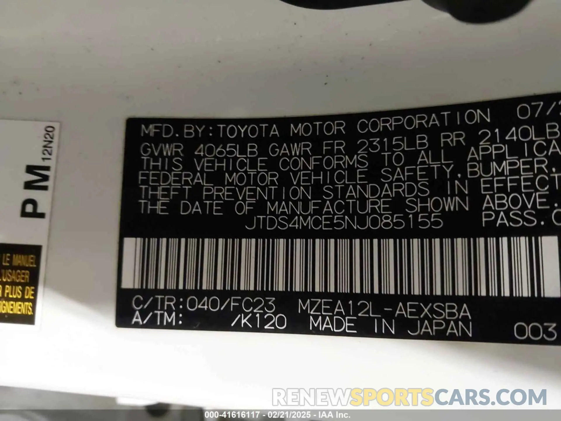 9 Photograph of a damaged car JTDS4MCE5NJ085155 TOYOTA COROLLA 2022