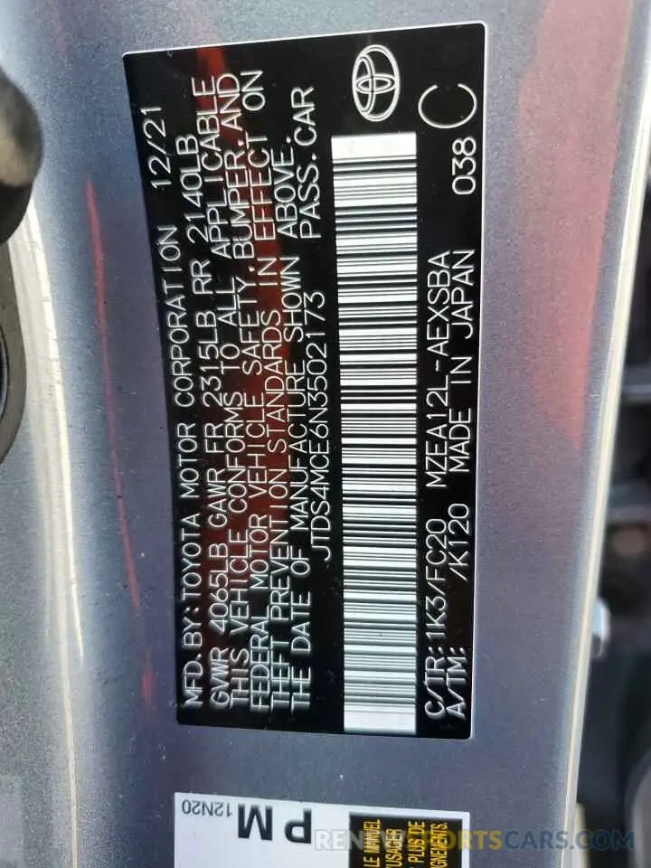 13 Photograph of a damaged car JTDS4MCE6N3502173 TOYOTA COROLLA 2022
