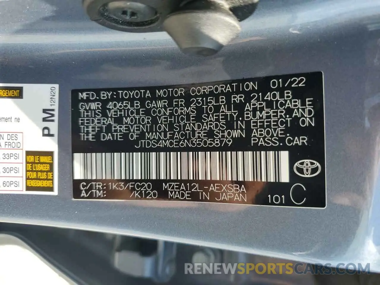 12 Photograph of a damaged car JTDS4MCE6N3505879 TOYOTA COROLLA 2022