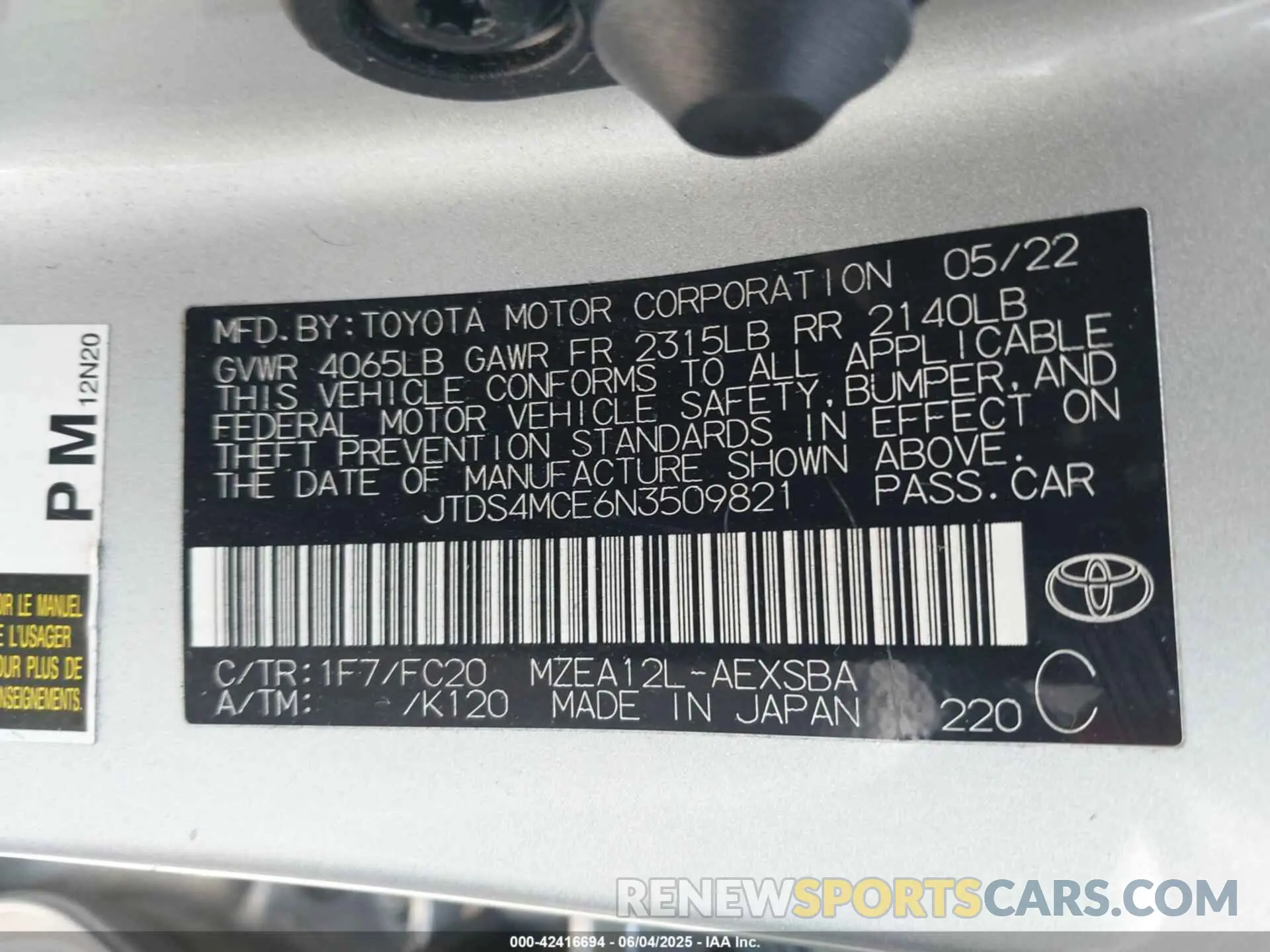 9 Photograph of a damaged car JTDS4MCE6N3509821 TOYOTA COROLLA 2022