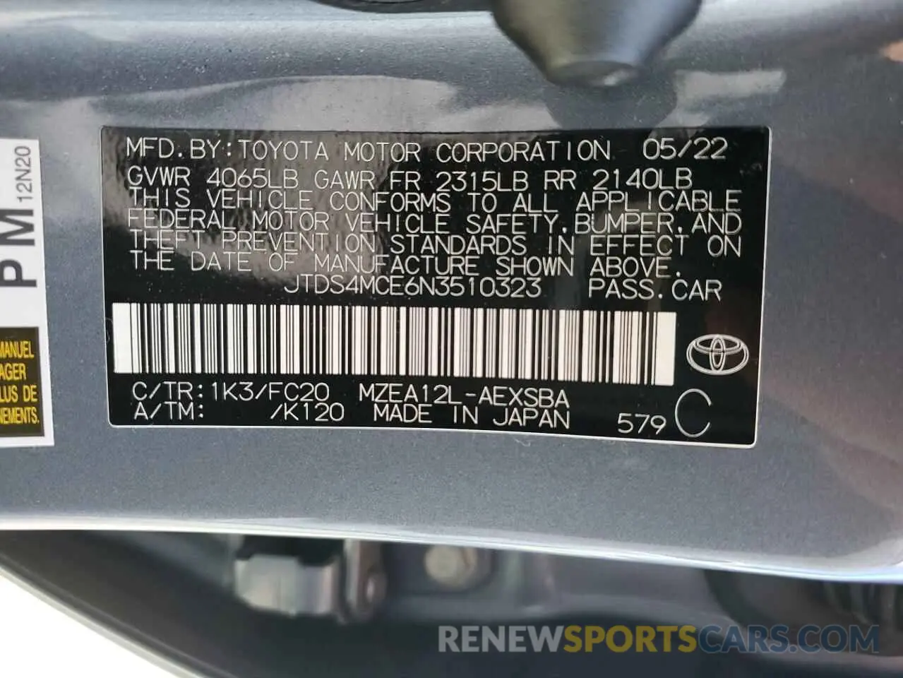 14 Photograph of a damaged car JTDS4MCE6N3510323 TOYOTA COROLLA 2022