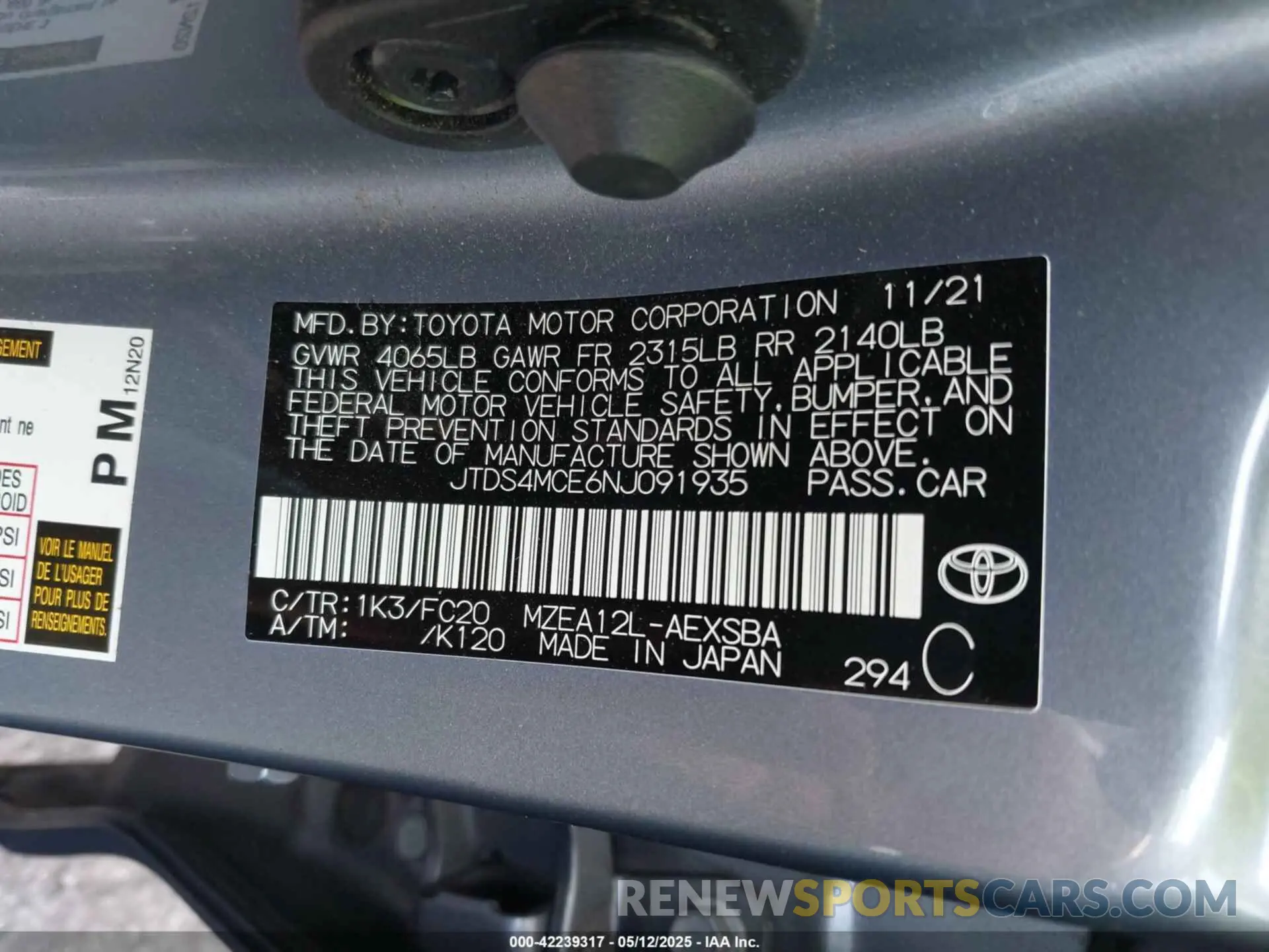 9 Photograph of a damaged car JTDS4MCE6NJ091935 TOYOTA COROLLA 2022