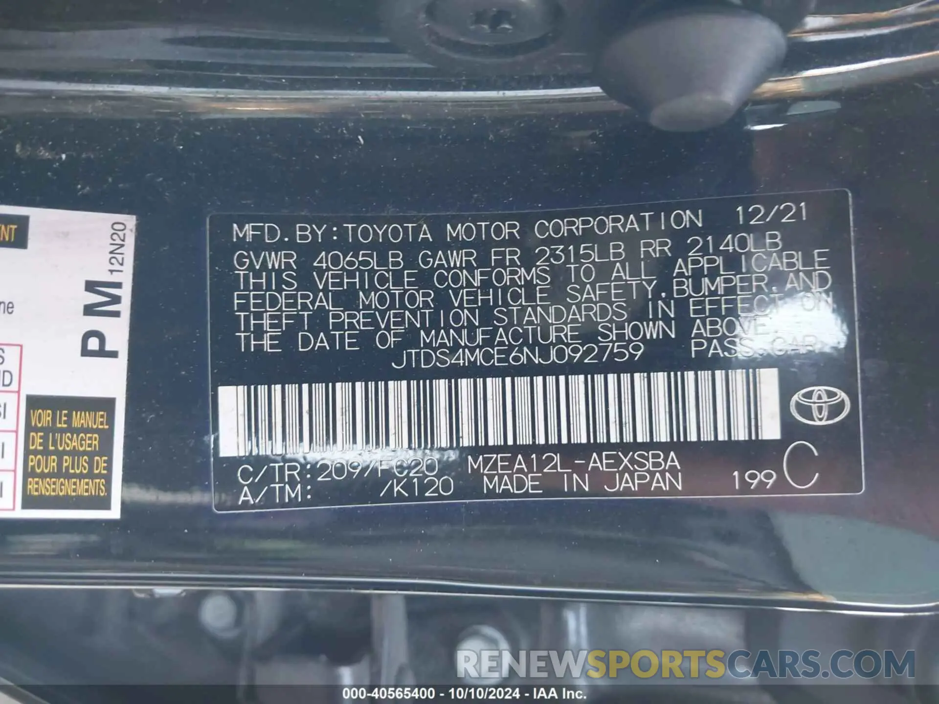 9 Photograph of a damaged car JTDS4MCE6NJ092759 TOYOTA COROLLA 2022