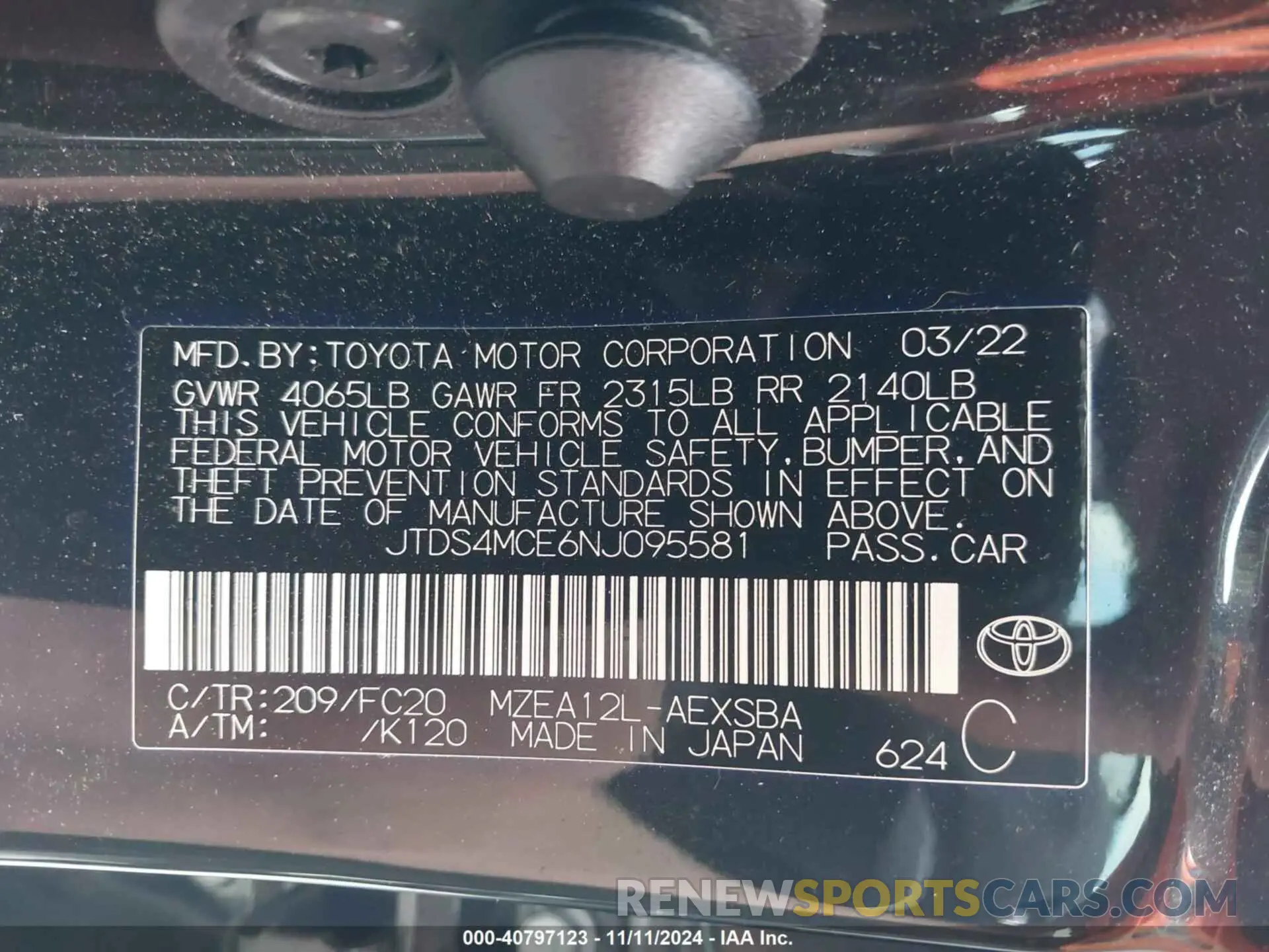 9 Photograph of a damaged car JTDS4MCE6NJ095581 TOYOTA COROLLA 2022