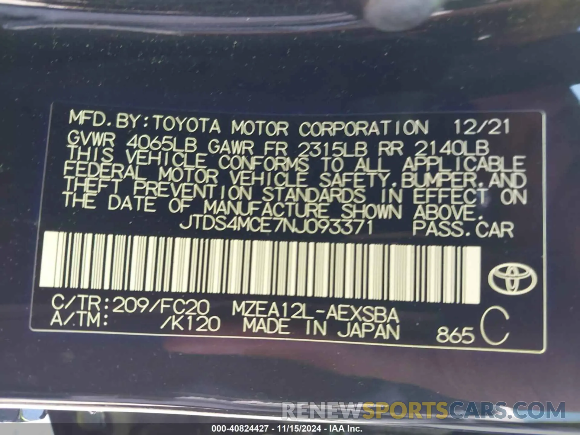 9 Photograph of a damaged car JTDS4MCE7NJ093371 TOYOTA COROLLA 2022