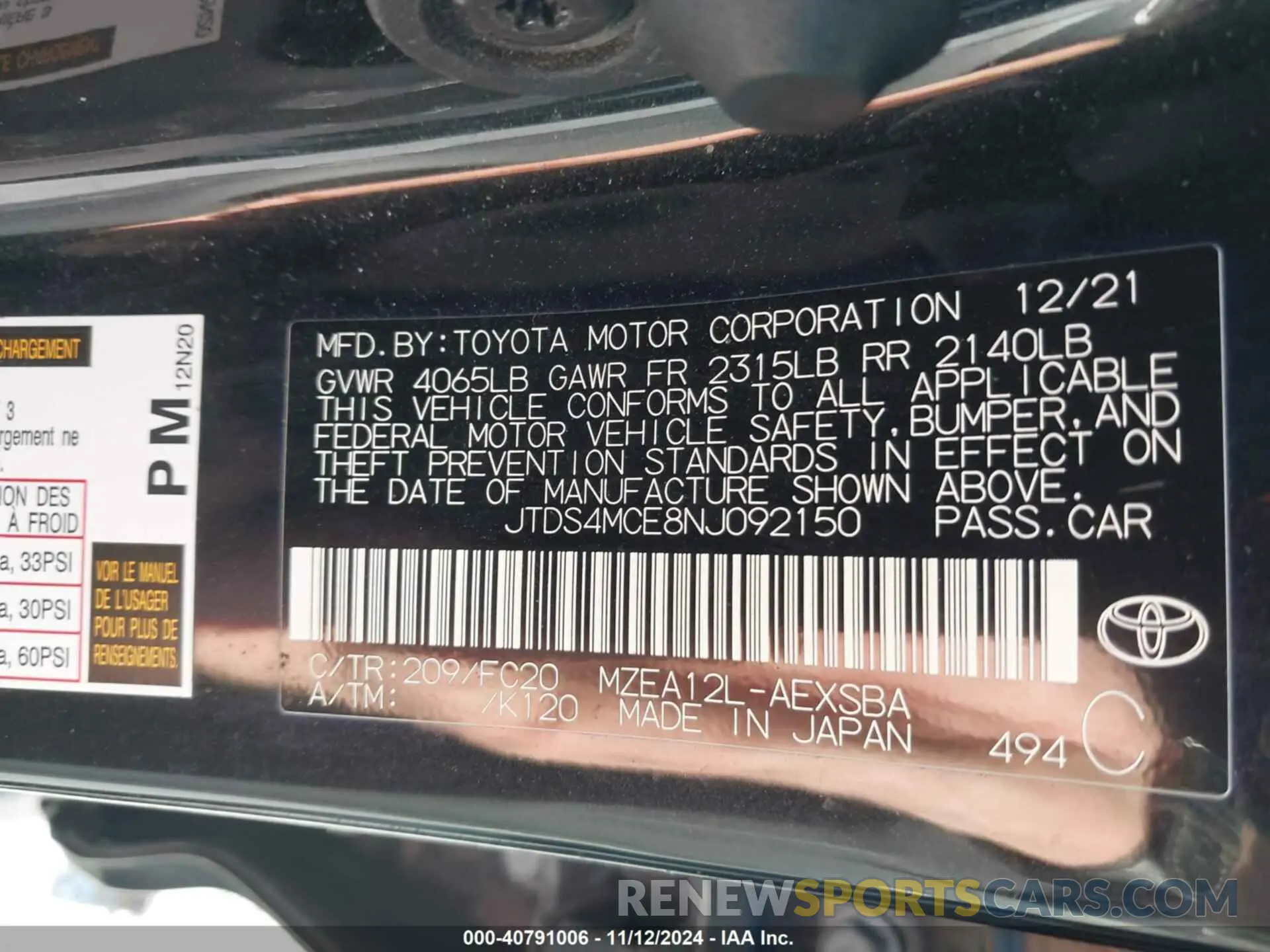 9 Photograph of a damaged car JTDS4MCE8NJ092150 TOYOTA COROLLA 2022