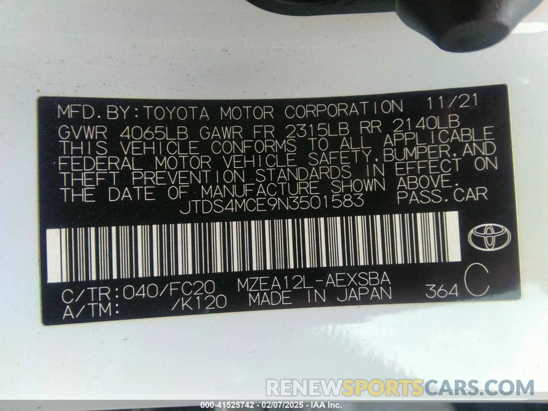 9 Photograph of a damaged car JTDS4MCE9N3501583 TOYOTA COROLLA 2022