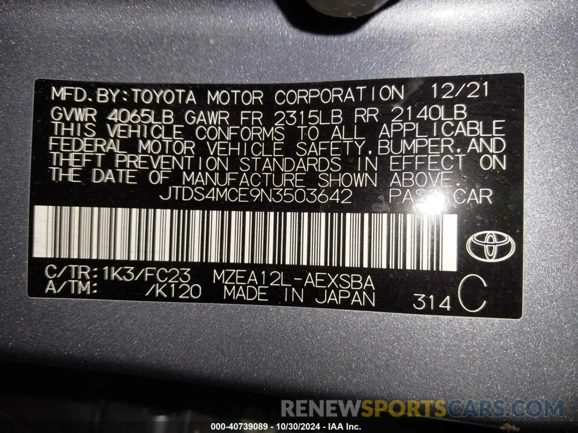 9 Photograph of a damaged car JTDS4MCE9N3503642 TOYOTA COROLLA 2022