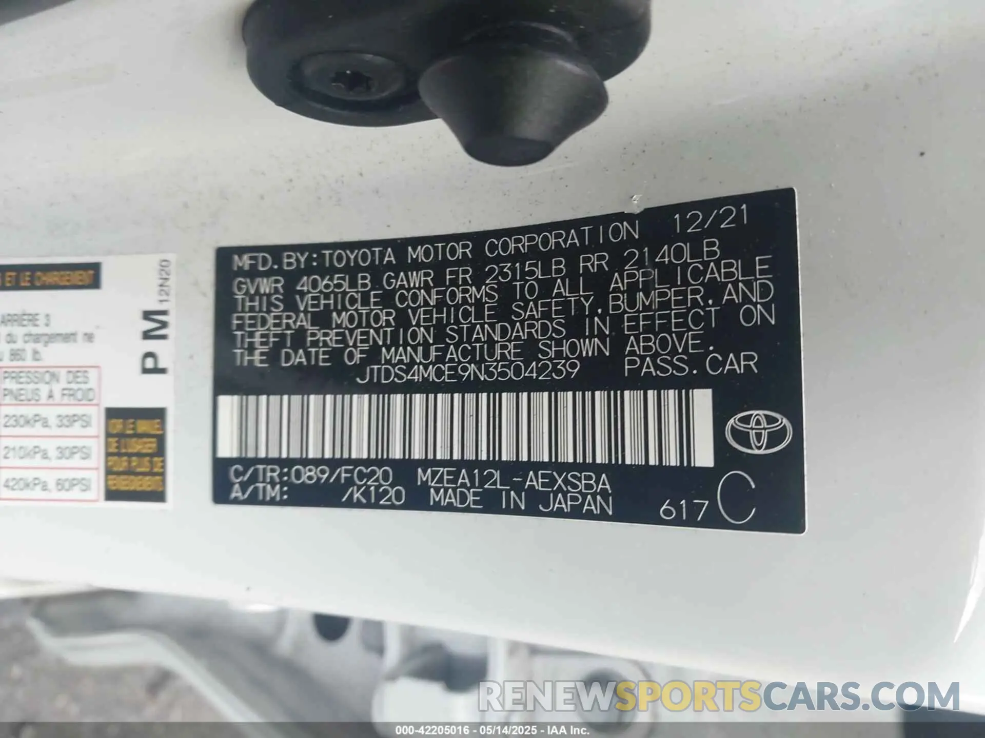 9 Photograph of a damaged car JTDS4MCE9N3504239 TOYOTA COROLLA 2022