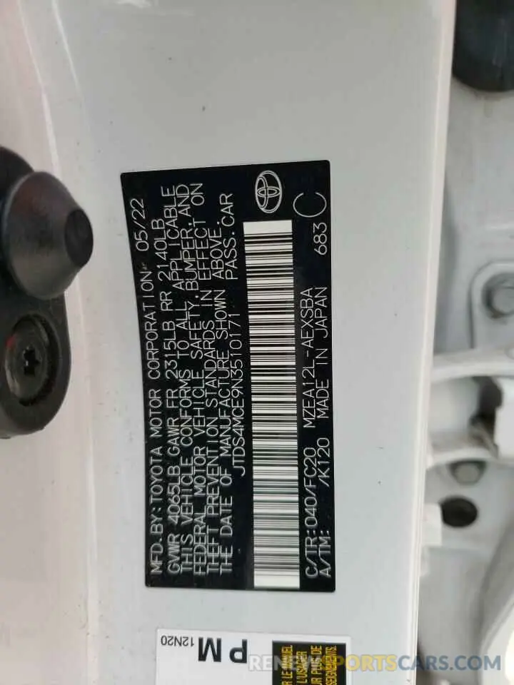 13 Photograph of a damaged car JTDS4MCE9N3510171 TOYOTA COROLLA 2022