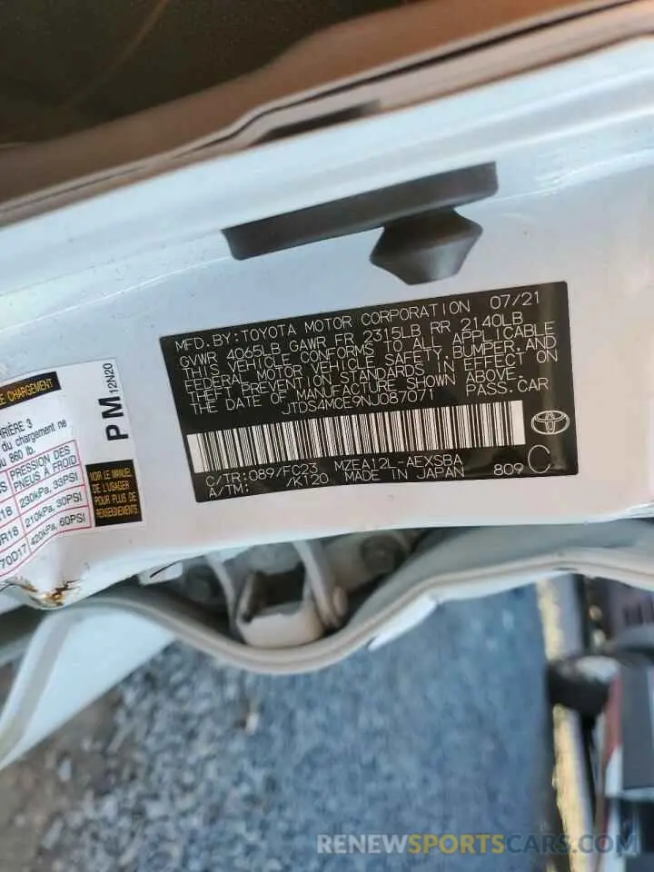 12 Photograph of a damaged car JTDS4MCE9NJ087071 TOYOTA COROLLA 2022
