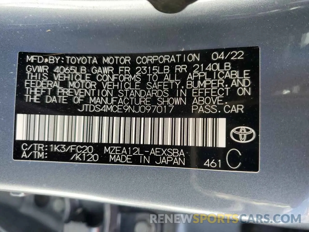 13 Photograph of a damaged car JTDS4MCE9NJ097017 TOYOTA COROLLA 2022