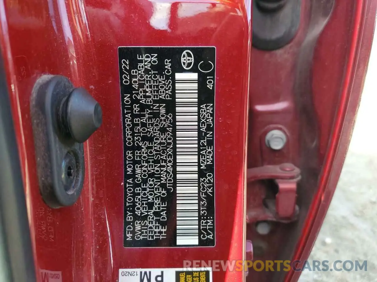 12 Photograph of a damaged car JTDS4MCEXNJ094756 TOYOTA COROLLA 2022