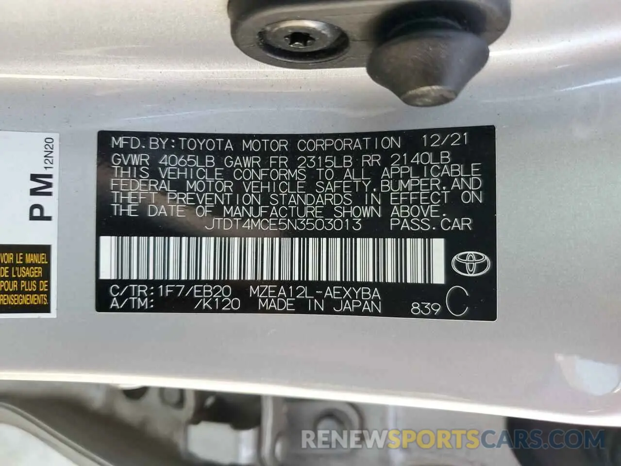 12 Photograph of a damaged car JTDT4MCE5N3503013 TOYOTA COROLLA 2022