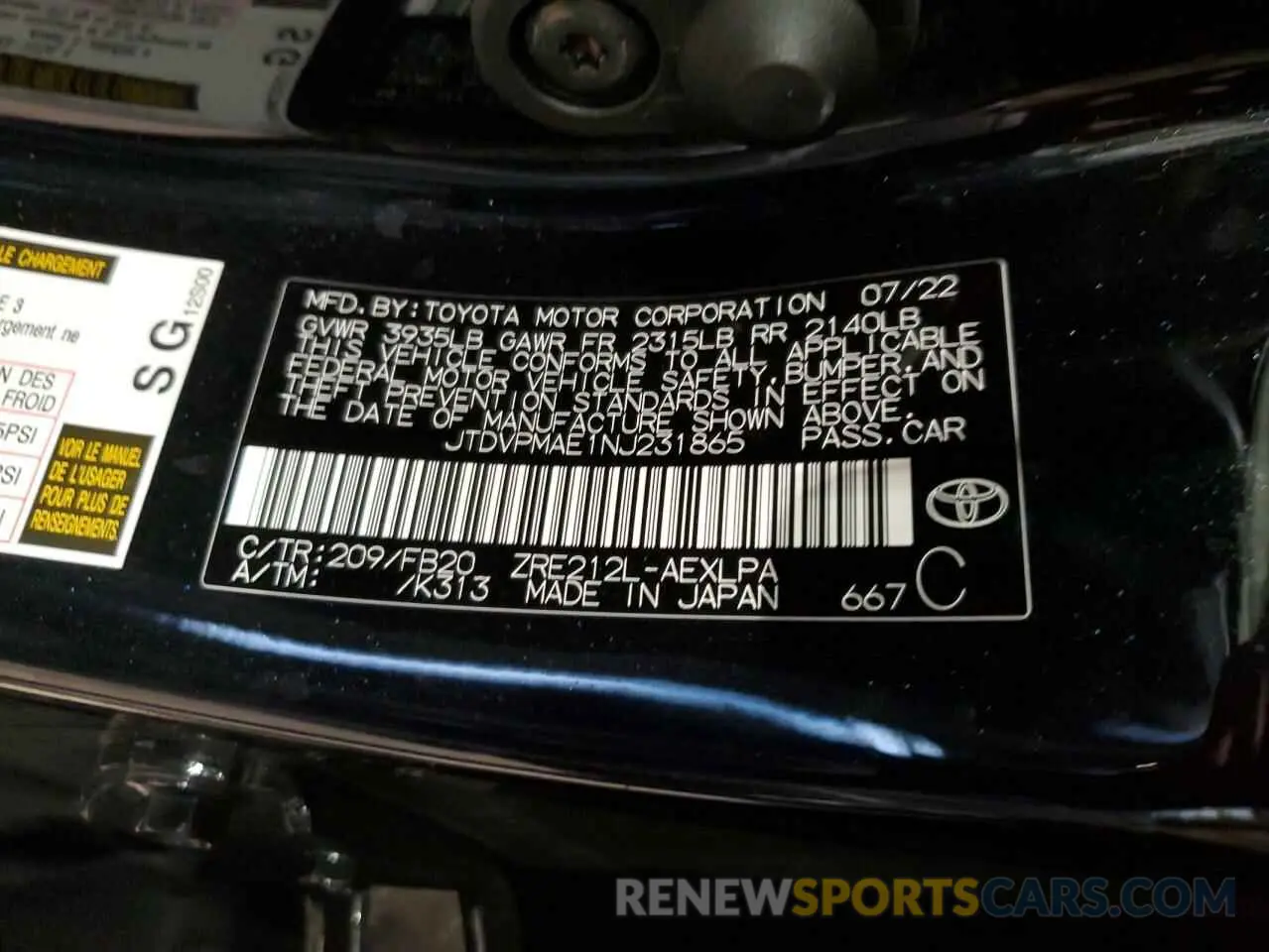 12 Photograph of a damaged car JTDVPMAE1NJ231865 TOYOTA COROLLA 2022