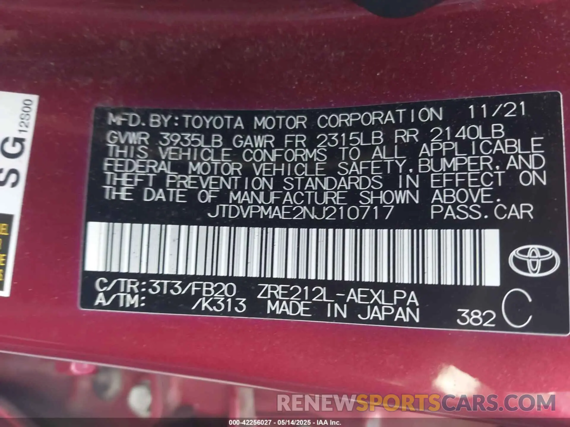 9 Photograph of a damaged car JTDVPMAE2NJ210717 TOYOTA COROLLA 2022