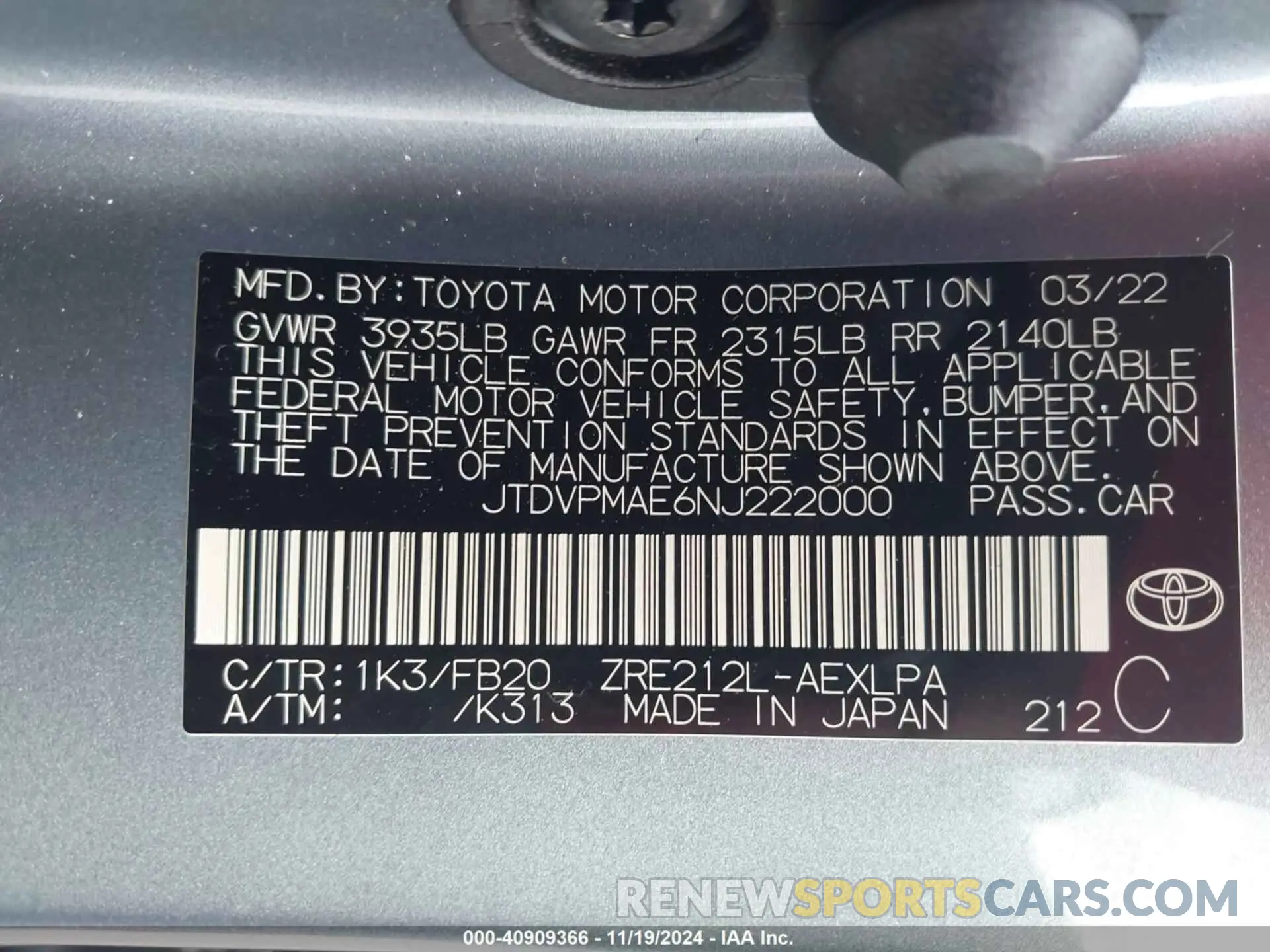 9 Photograph of a damaged car JTDVPMAE6NJ222000 TOYOTA COROLLA 2022
