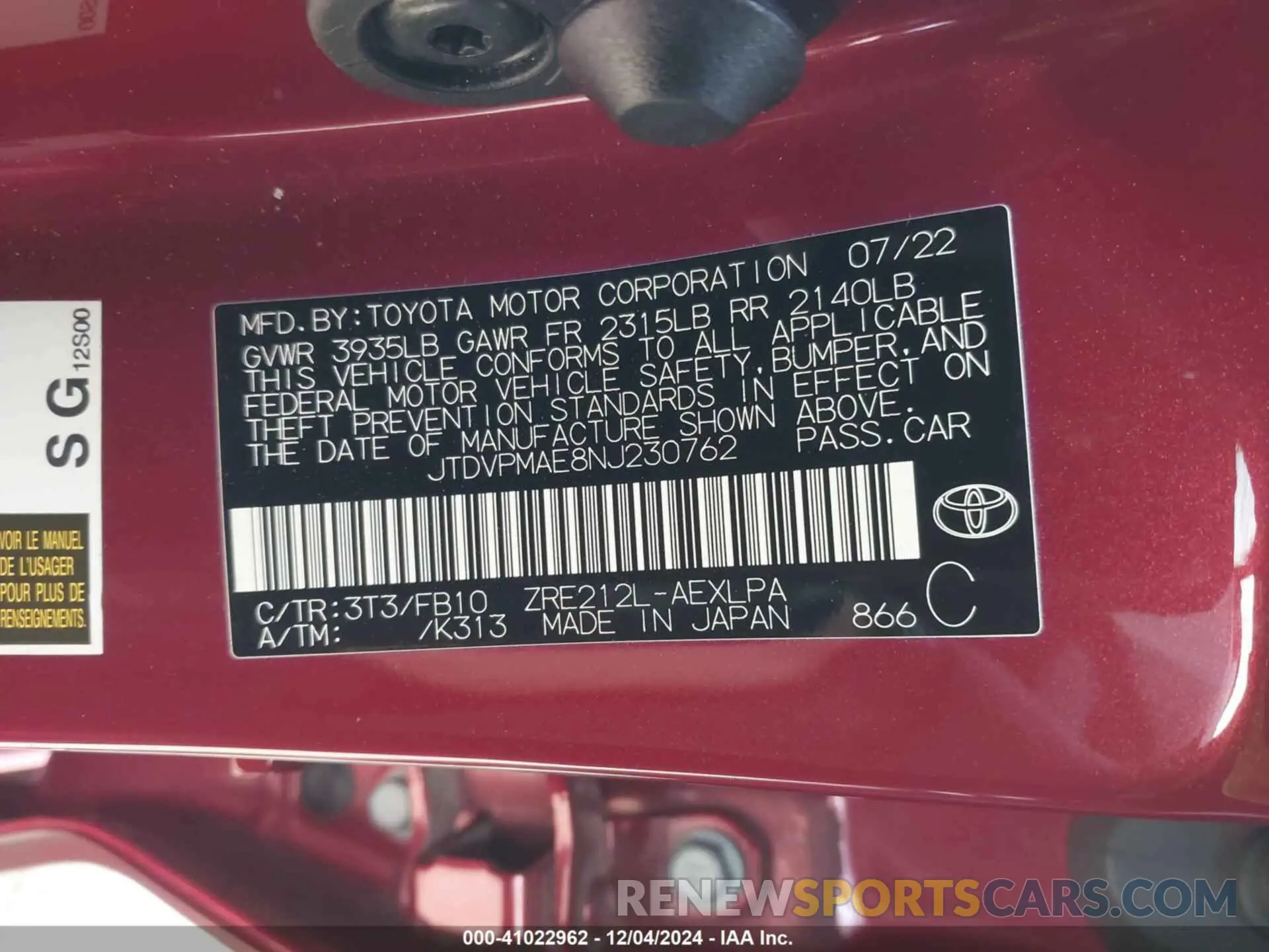9 Photograph of a damaged car JTDVPMAE8NJ230762 TOYOTA COROLLA 2022