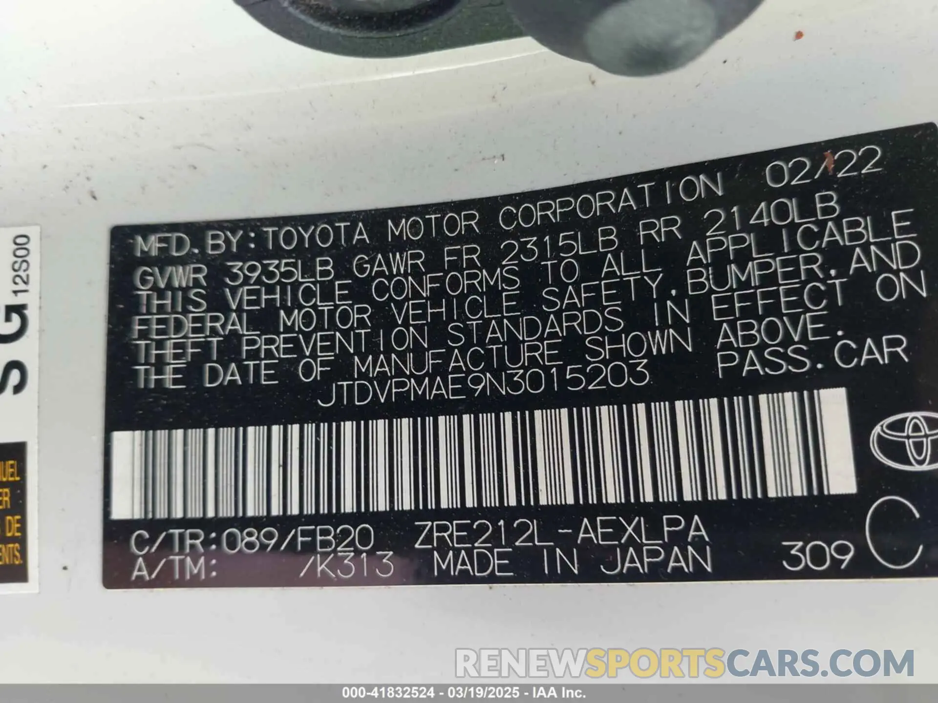 9 Photograph of a damaged car JTDVPMAE9N3015203 TOYOTA COROLLA 2022