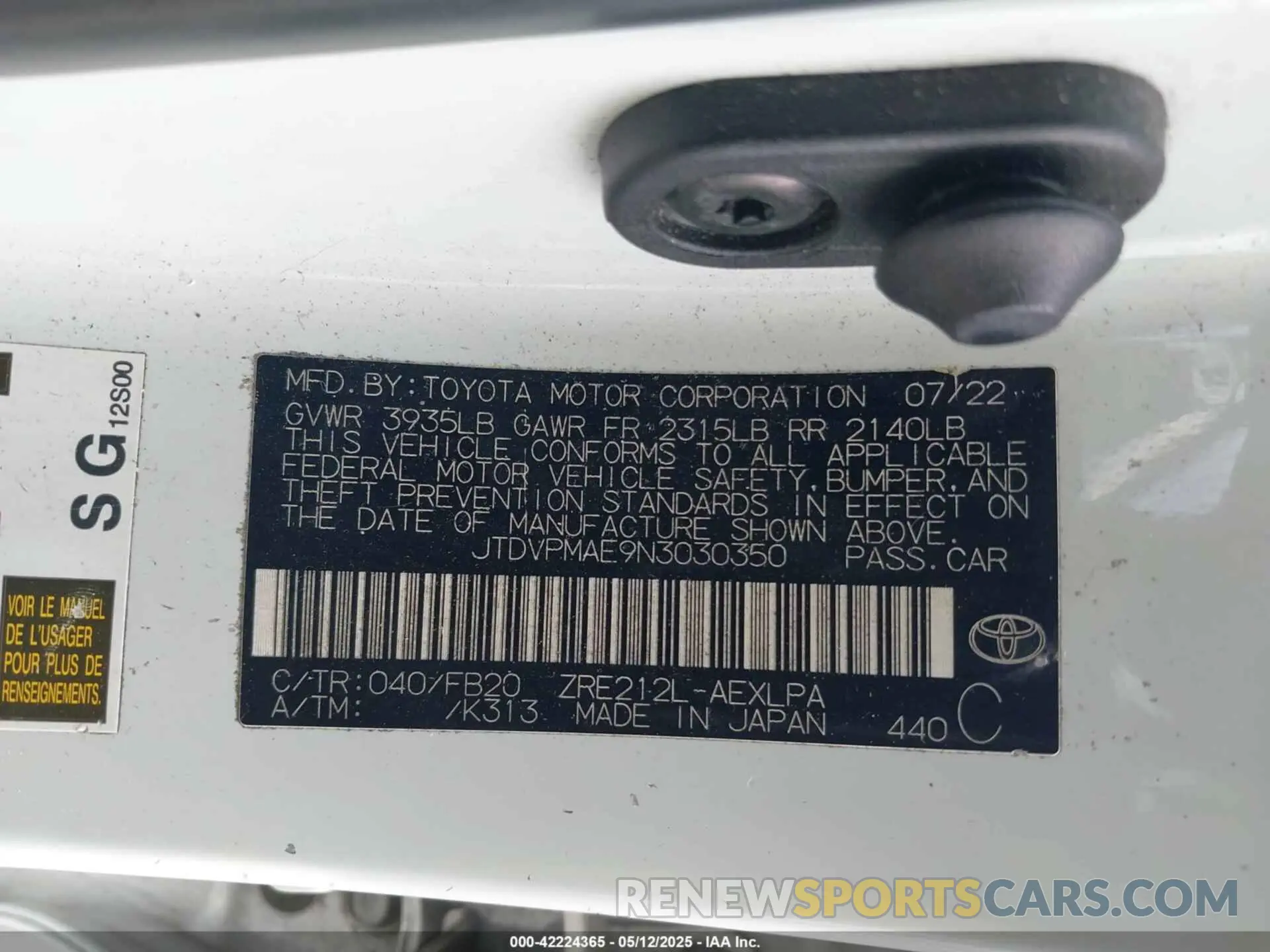 9 Photograph of a damaged car JTDVPMAE9N3030350 TOYOTA COROLLA 2022