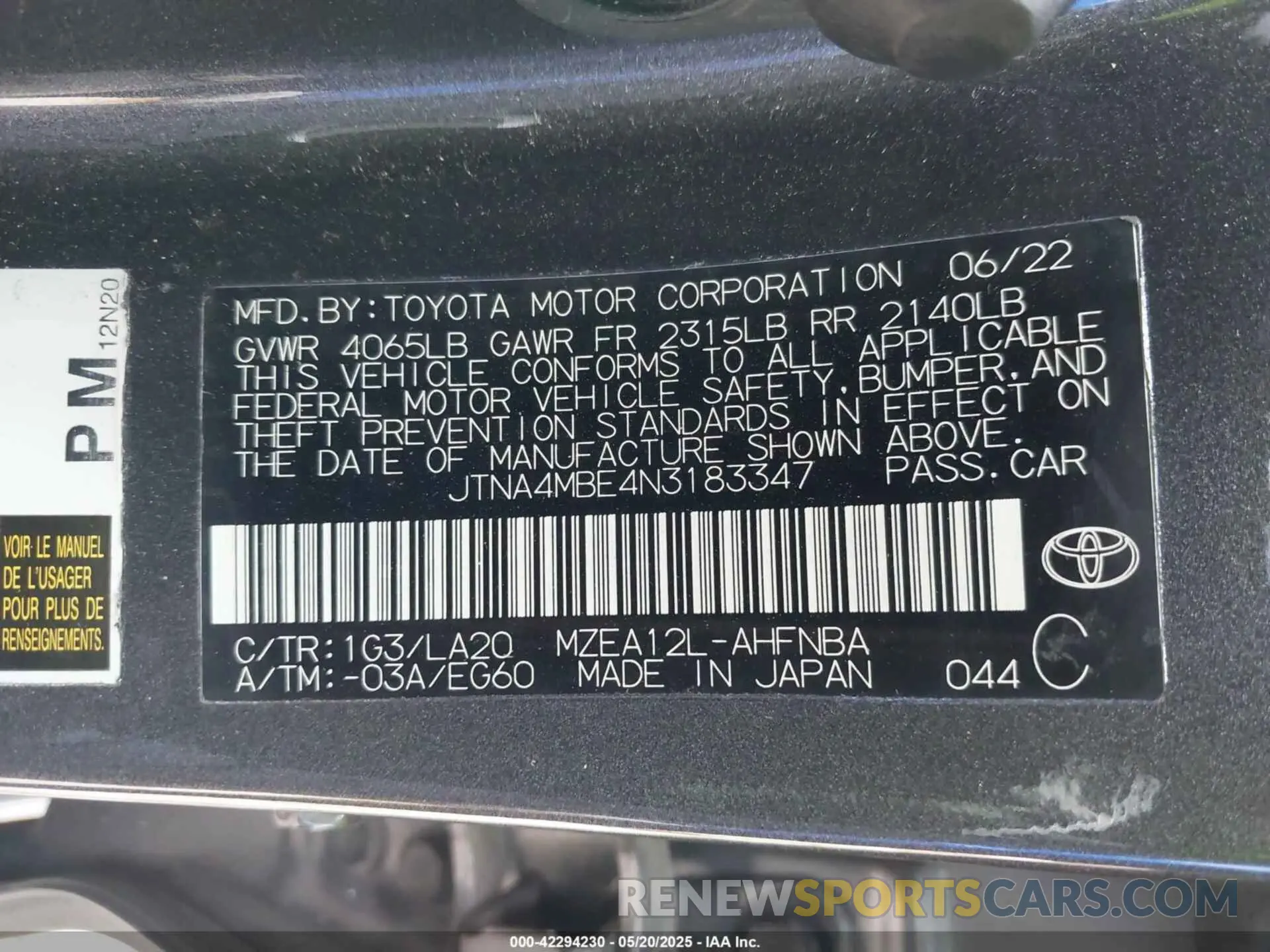 9 Photograph of a damaged car JTNA4MBE4N3183347 TOYOTA COROLLA 2022