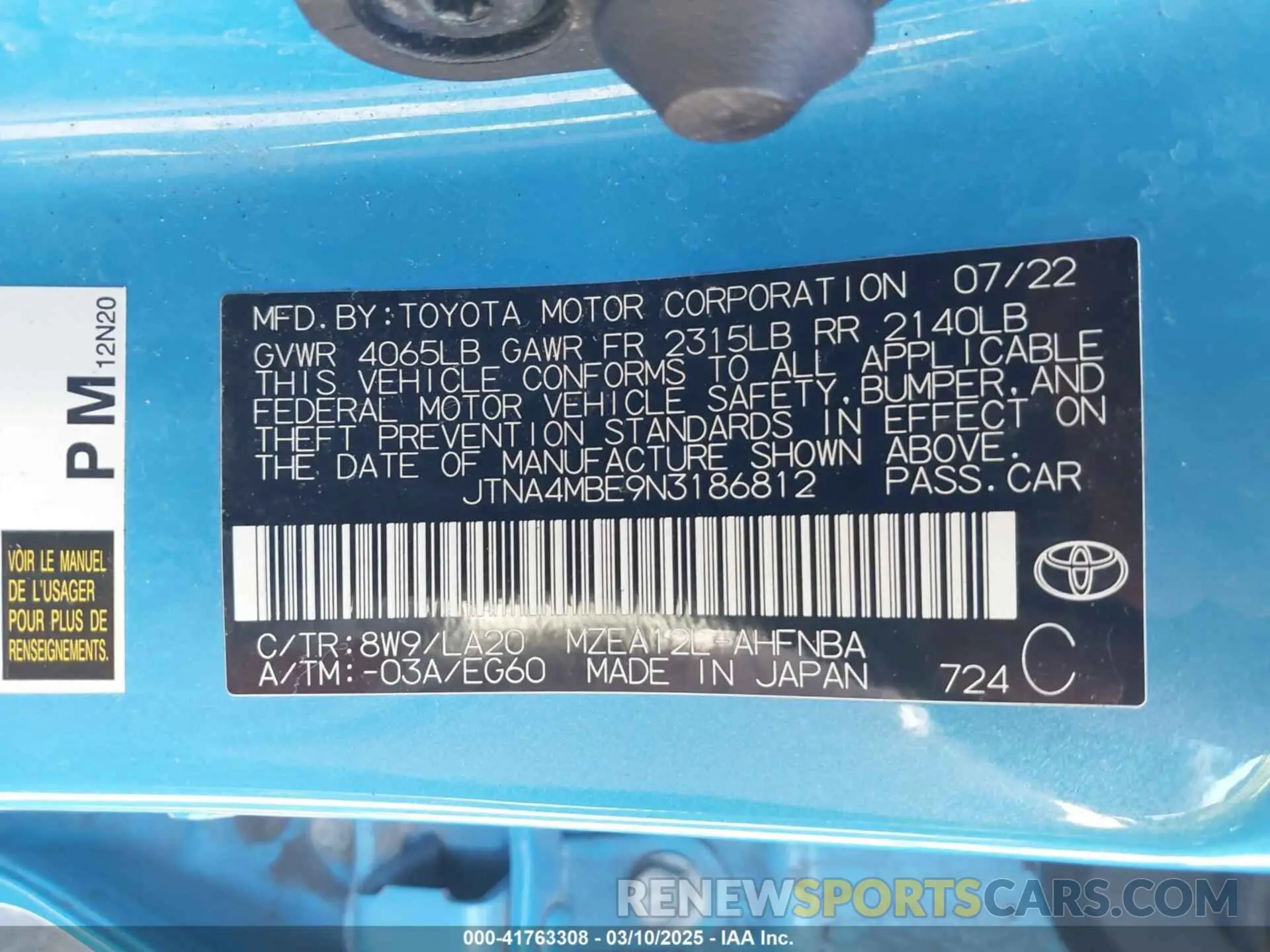 9 Photograph of a damaged car JTNA4MBE9N3186812 TOYOTA COROLLA 2022