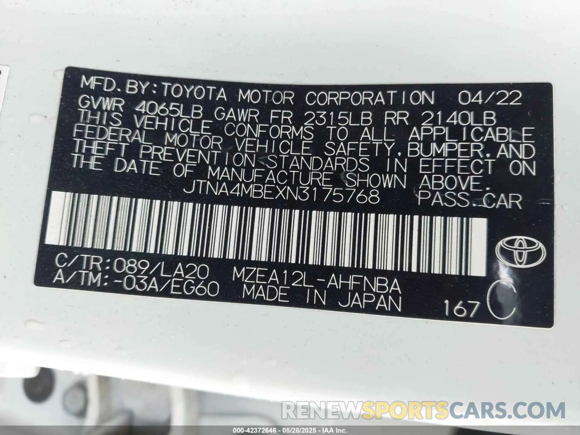 9 Photograph of a damaged car JTNA4MBEXN3175768 TOYOTA COROLLA 2022