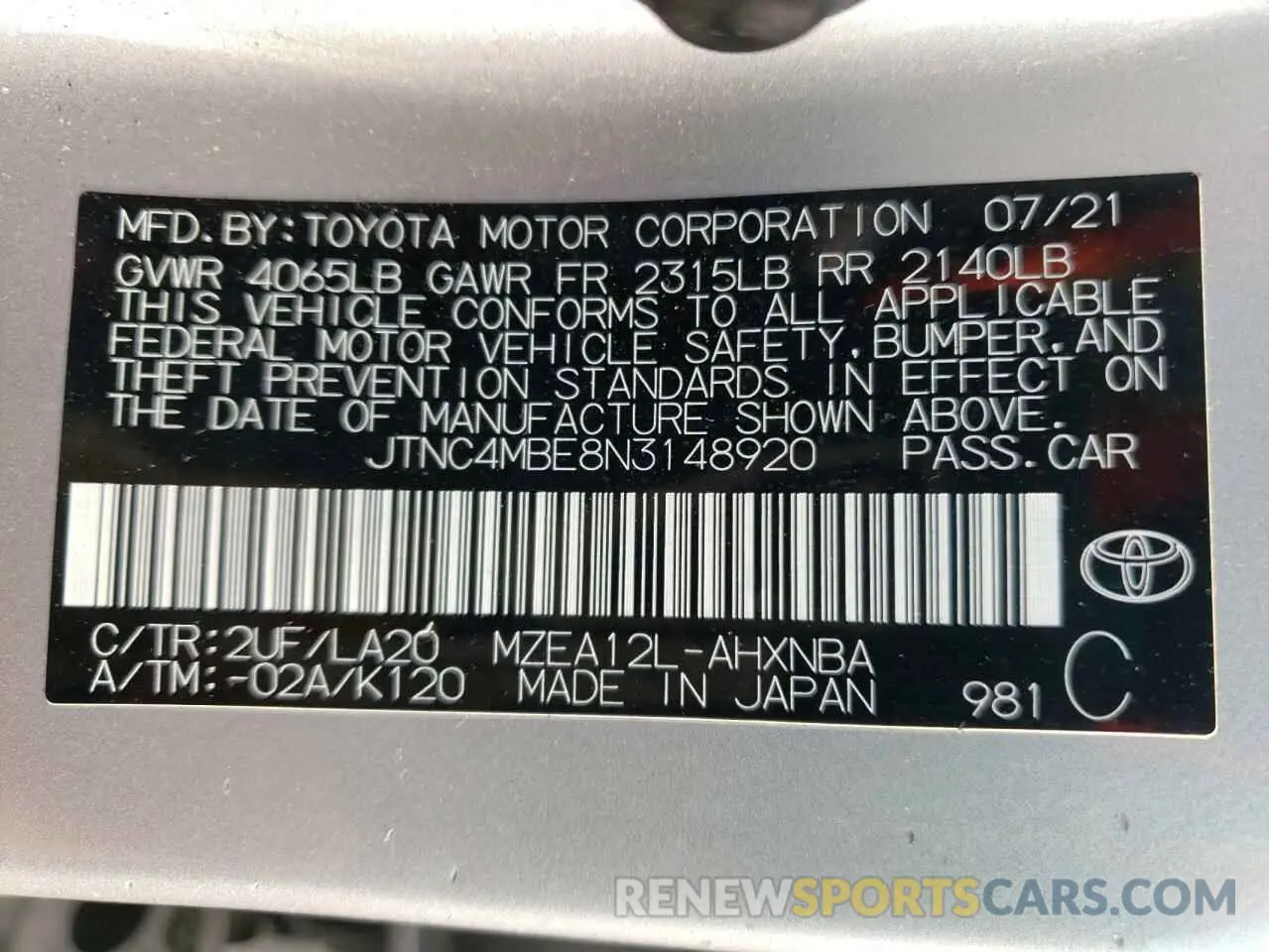 13 Photograph of a damaged car JTNC4MBE8N3148920 TOYOTA COROLLA 2022