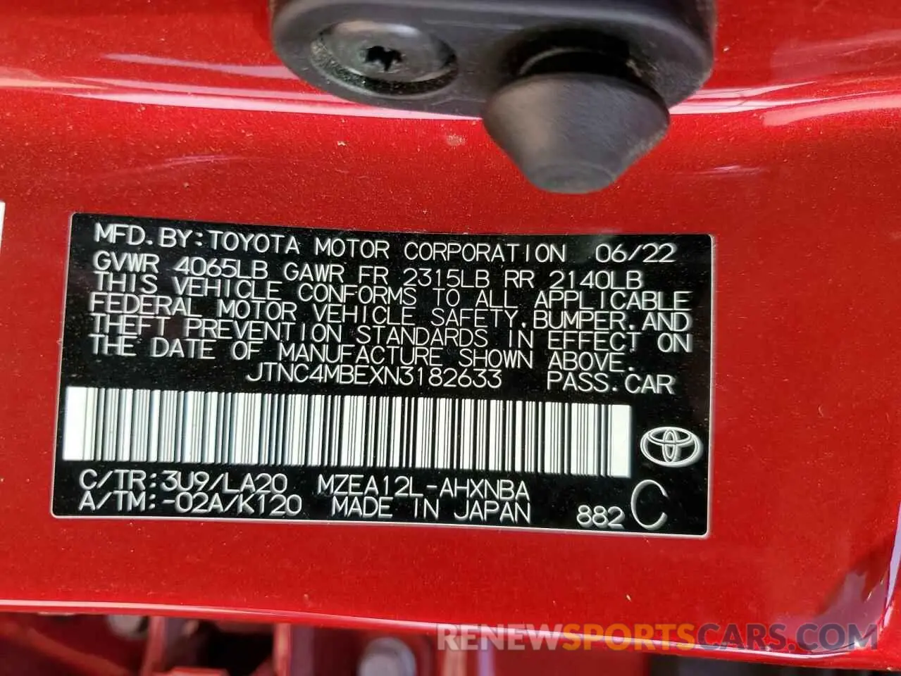 12 Photograph of a damaged car JTNC4MBEXN3182633 TOYOTA COROLLA 2022