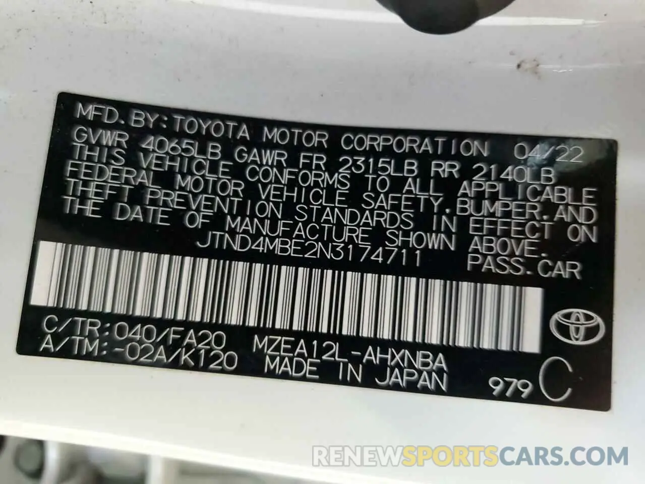12 Photograph of a damaged car JTND4MBE2N3174711 TOYOTA COROLLA 2022