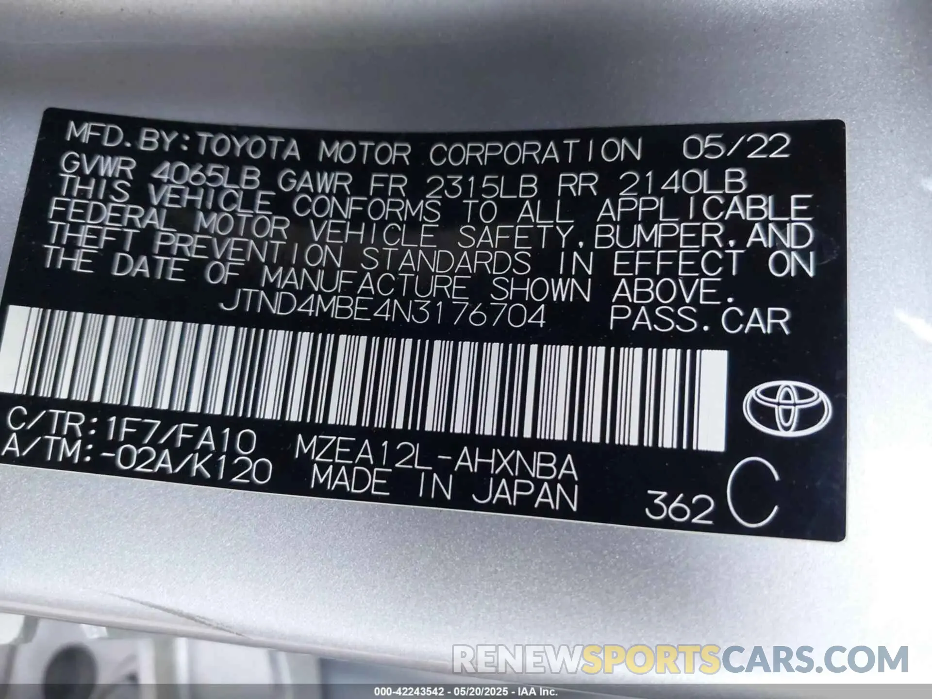 9 Photograph of a damaged car JTND4MBE4N3176704 TOYOTA COROLLA 2022