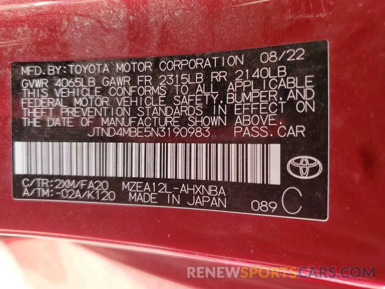 14 Photograph of a damaged car JTND4MBE5N3190983 TOYOTA COROLLA 2022