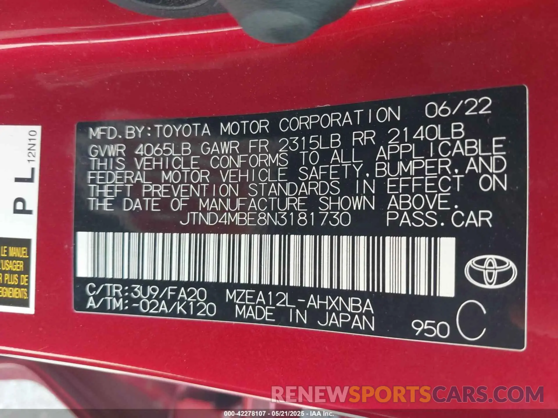 9 Photograph of a damaged car JTND4MBE8N3181730 TOYOTA COROLLA 2022