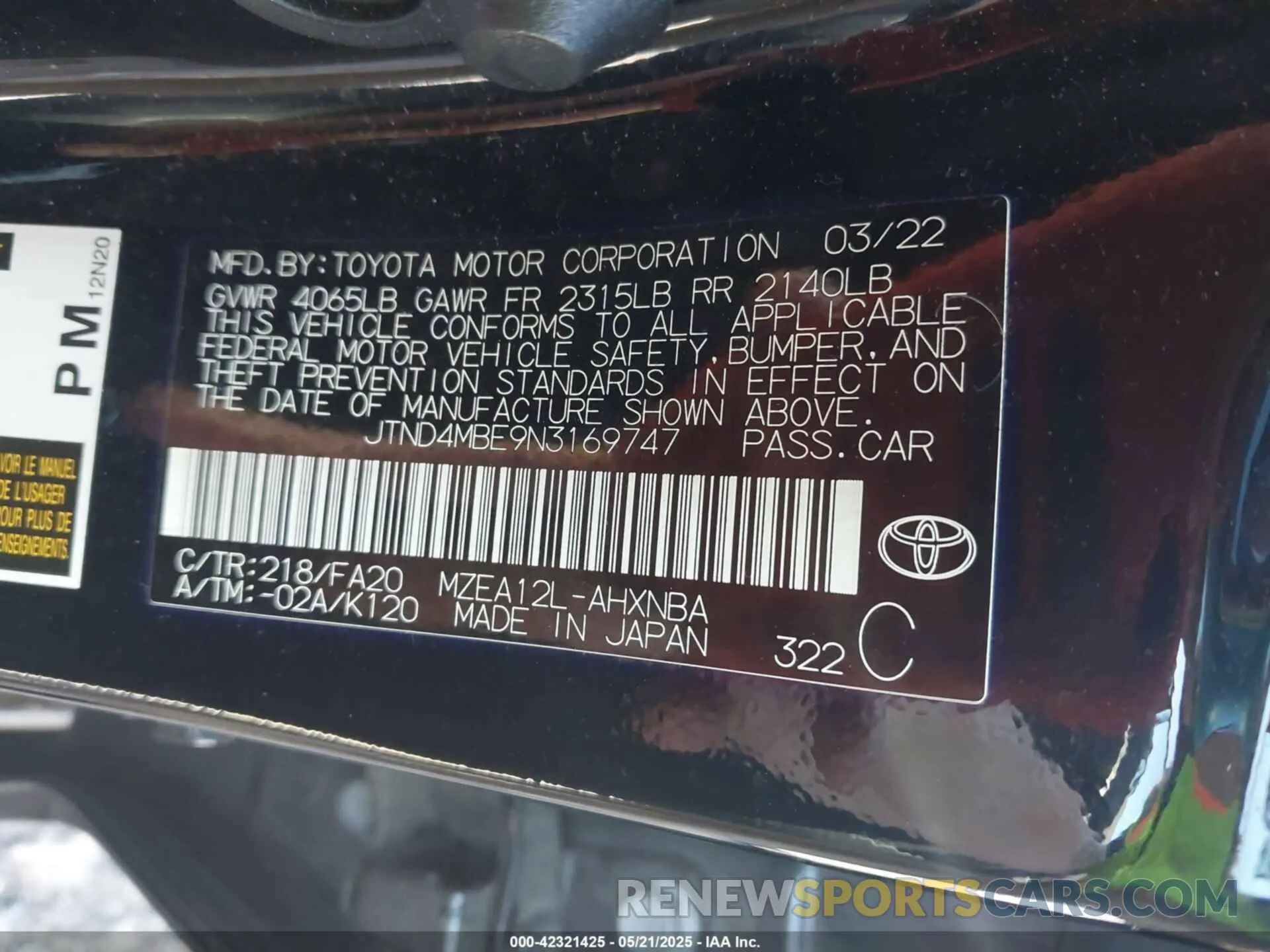 9 Photograph of a damaged car JTND4MBE9N3169747 TOYOTA COROLLA 2022