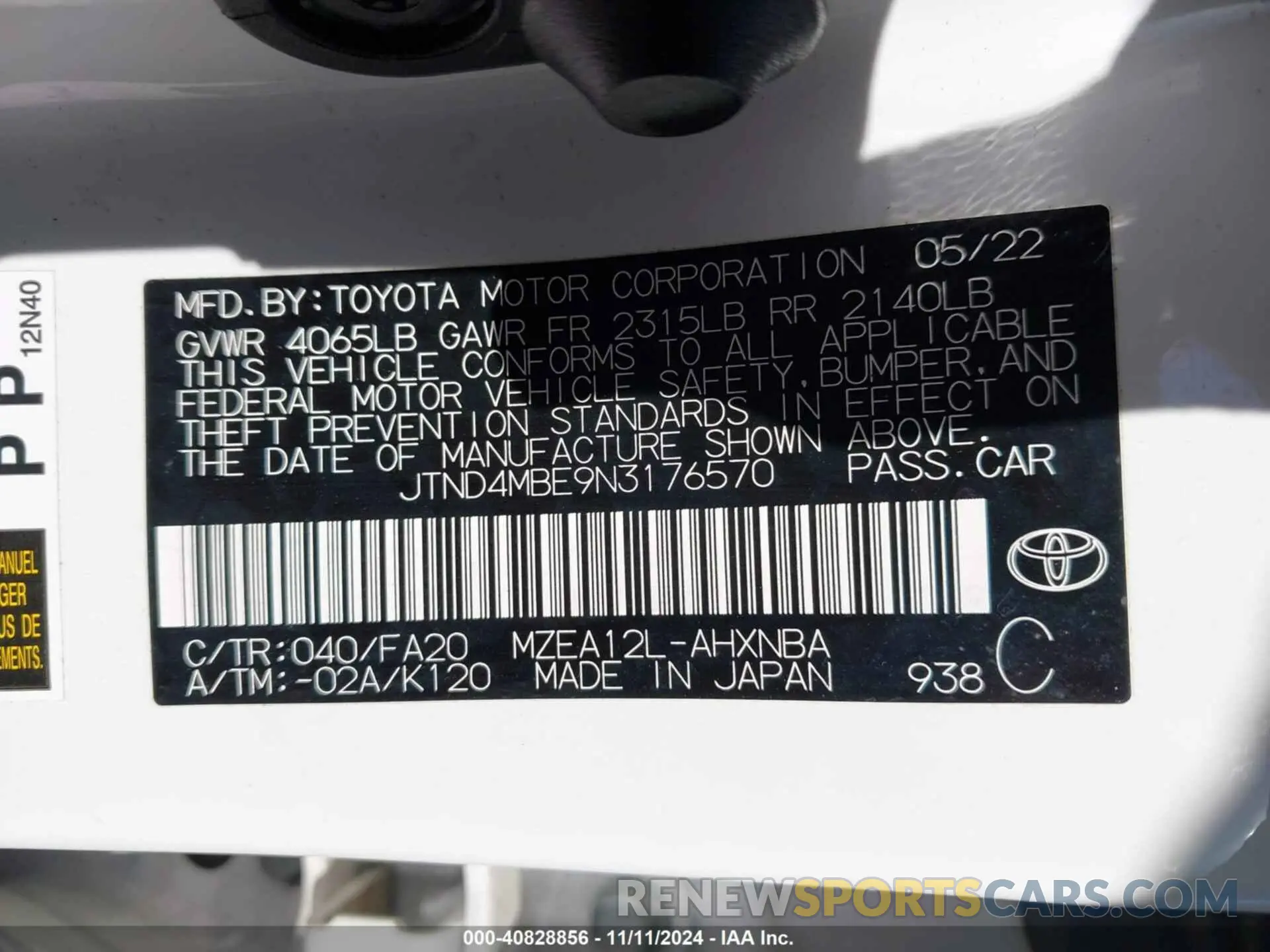 9 Photograph of a damaged car JTND4MBE9N3176570 TOYOTA COROLLA 2022