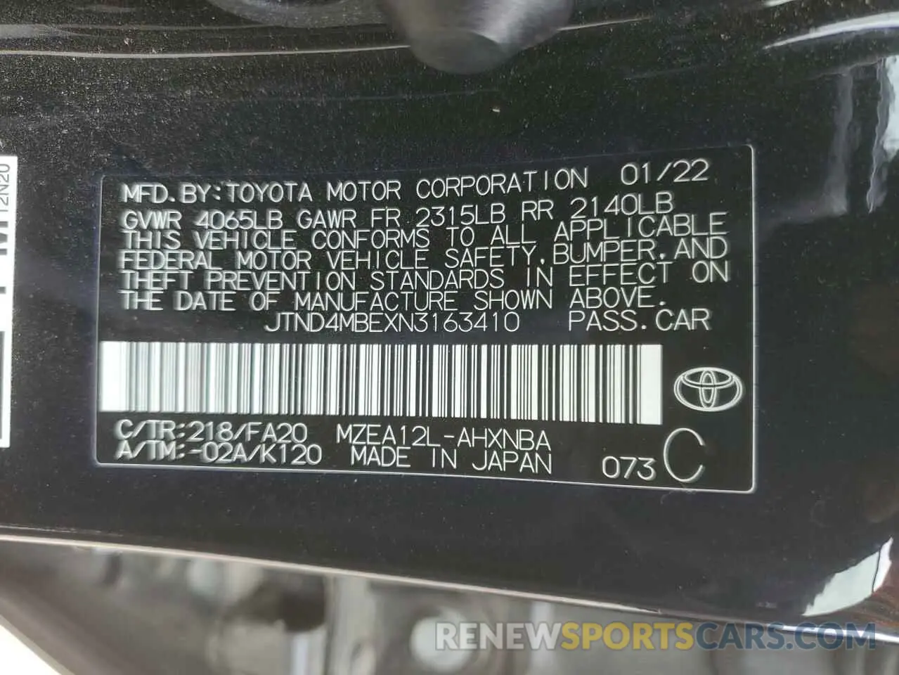 12 Photograph of a damaged car JTND4MBEXN3163410 TOYOTA COROLLA 2022