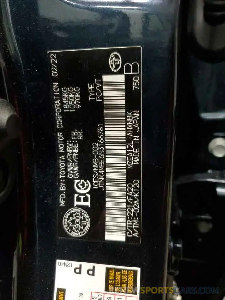 13 Photograph of a damaged car JTNK4MBE6N3166781 TOYOTA COROLLA 2022