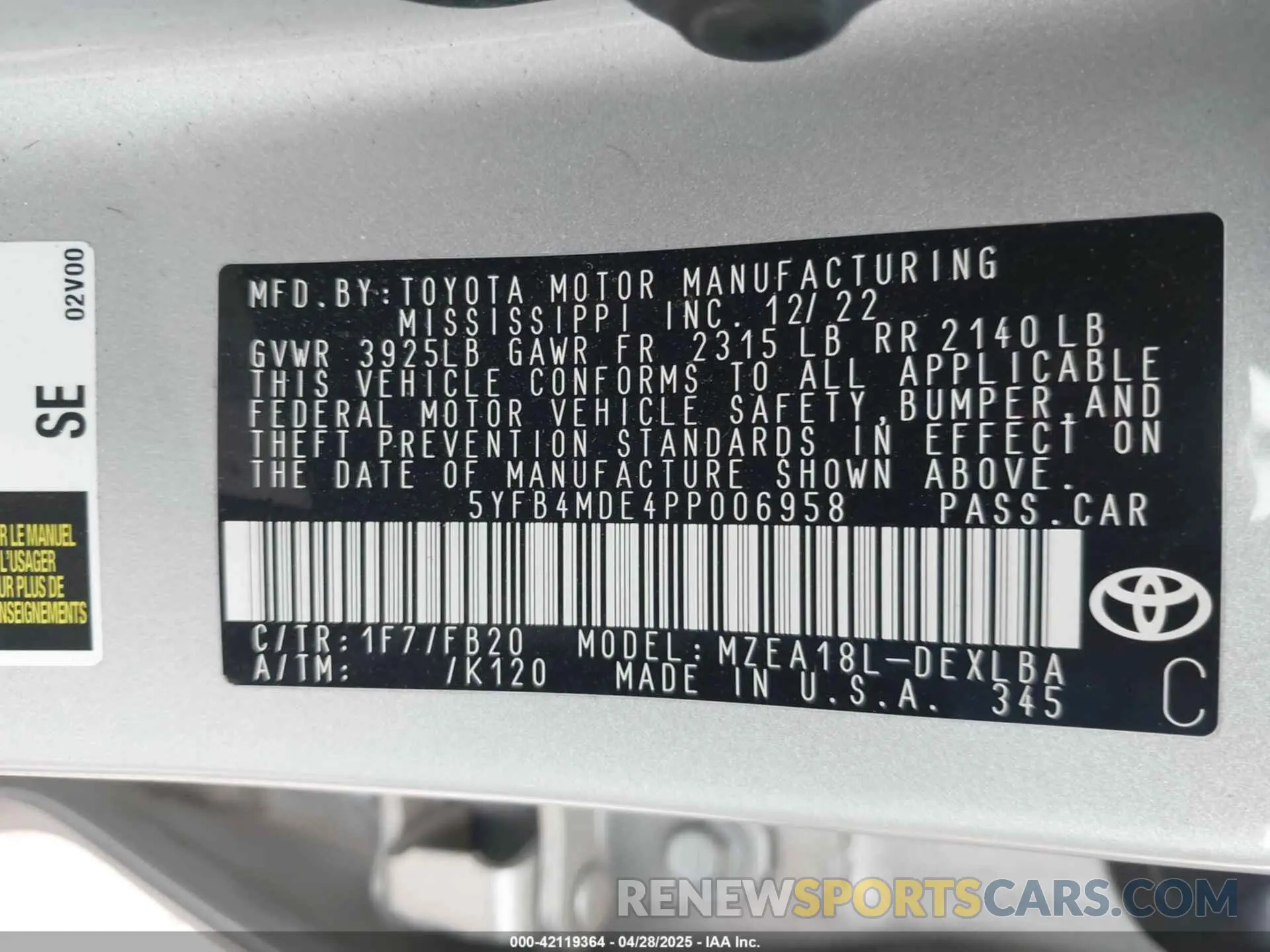 9 Photograph of a damaged car 5YFB4MDE4PP006958 TOYOTA COROLLA 2023
