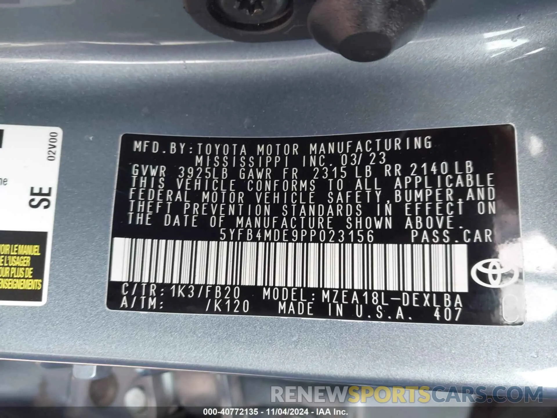9 Photograph of a damaged car 5YFB4MDE9PP023156 TOYOTA COROLLA 2023