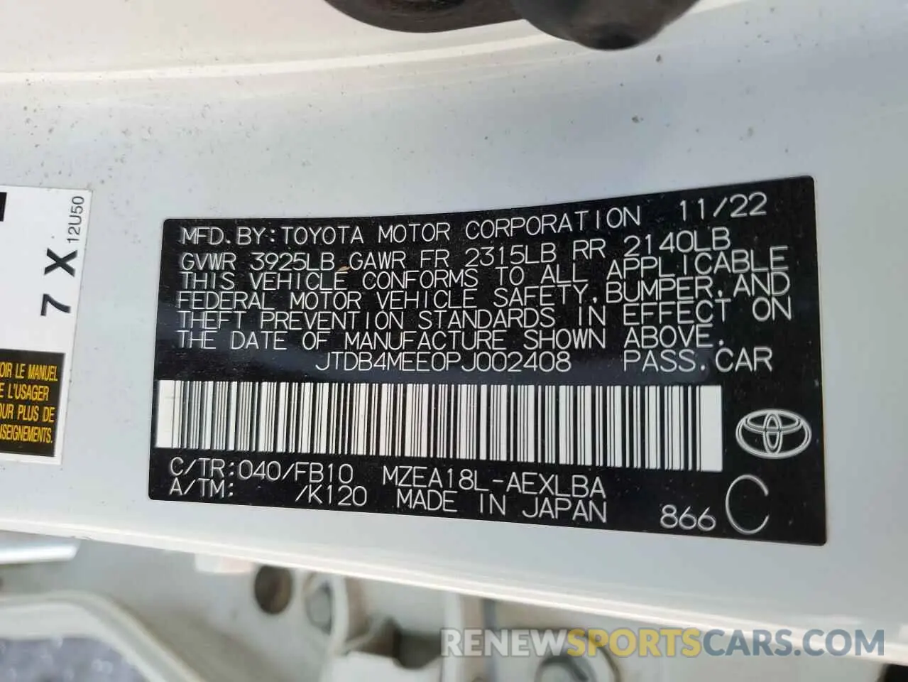 12 Photograph of a damaged car JTDB4MEE0PJ002408 TOYOTA COROLLA 2023