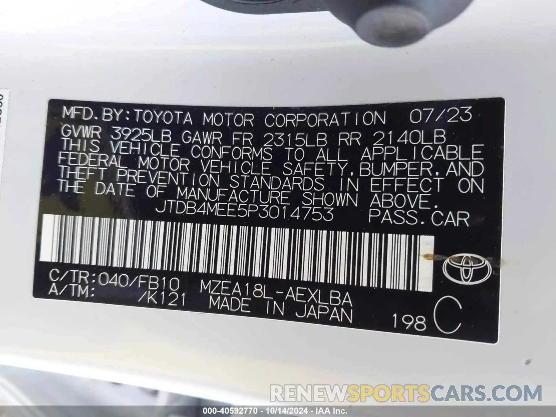 9 Photograph of a damaged car JTDB4MEE5P3014753 TOYOTA COROLLA 2023