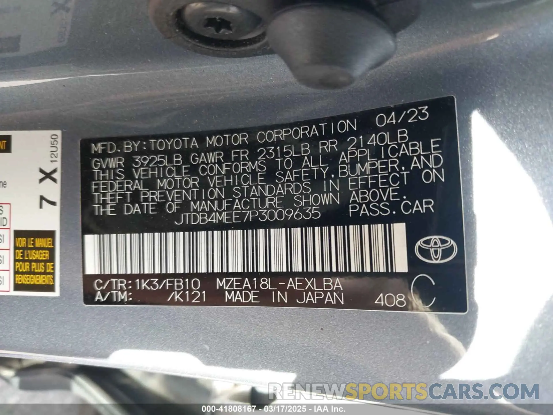 9 Photograph of a damaged car JTDB4MEE7P3009635 TOYOTA COROLLA 2023