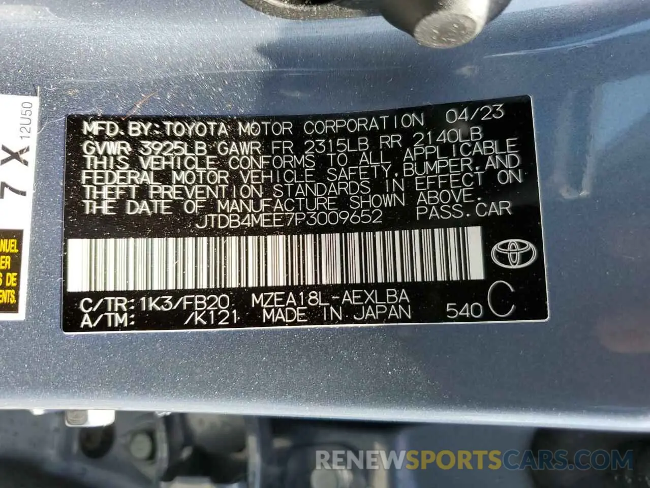 12 Photograph of a damaged car JTDB4MEE7P3009652 TOYOTA COROLLA 2023