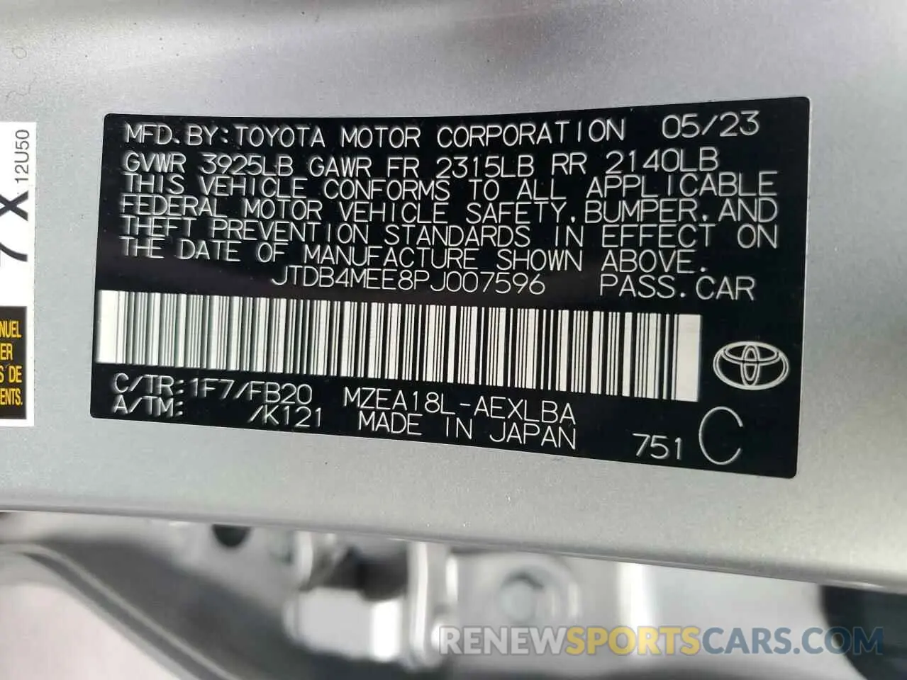 13 Photograph of a damaged car JTDB4MEE8PJ007596 TOYOTA COROLLA 2023