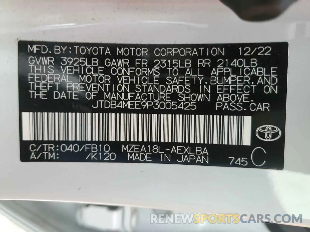 13 Photograph of a damaged car JTDB4MEE9P3005425 TOYOTA COROLLA 2023
