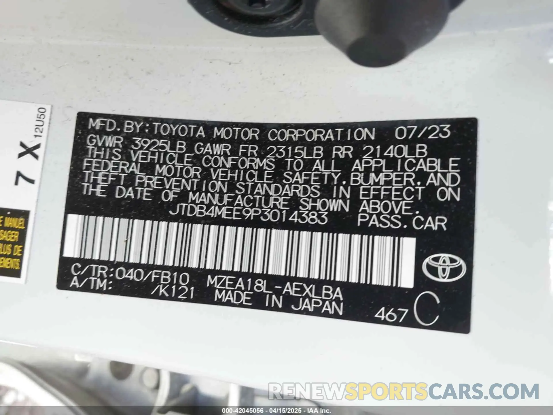 9 Photograph of a damaged car JTDB4MEE9P3014383 TOYOTA COROLLA 2023