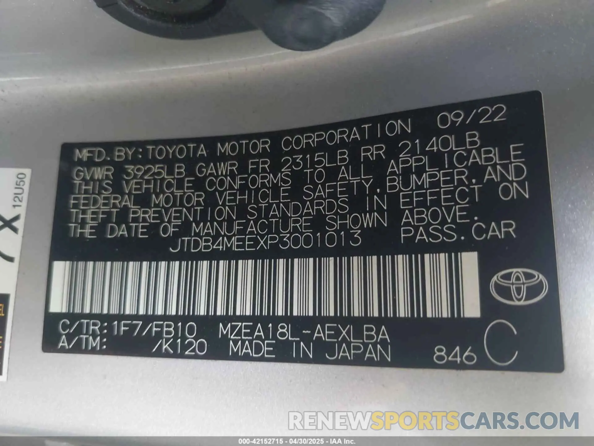 9 Photograph of a damaged car JTDB4MEEXP3001013 TOYOTA COROLLA 2023