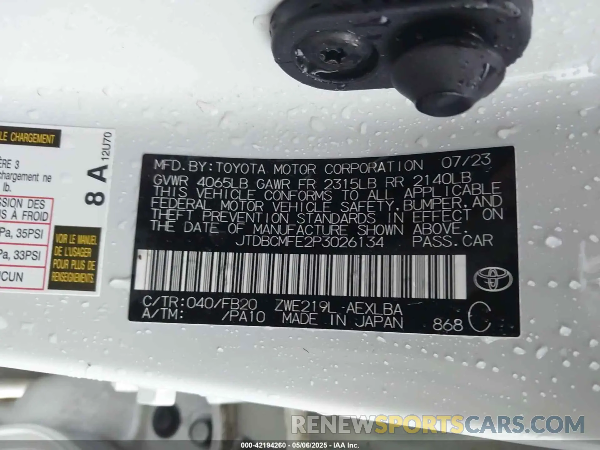 9 Photograph of a damaged car JTDBCMFE2P3026134 TOYOTA COROLLA 2023